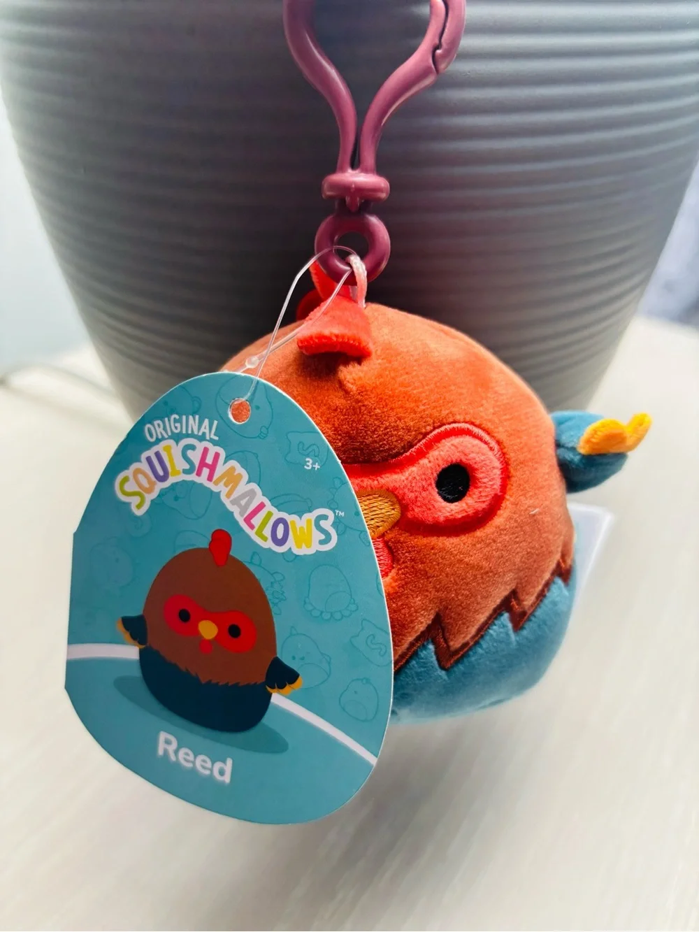 Squishmallows Reed Owl Plush Clip - Orange & Blue with Purple Clip